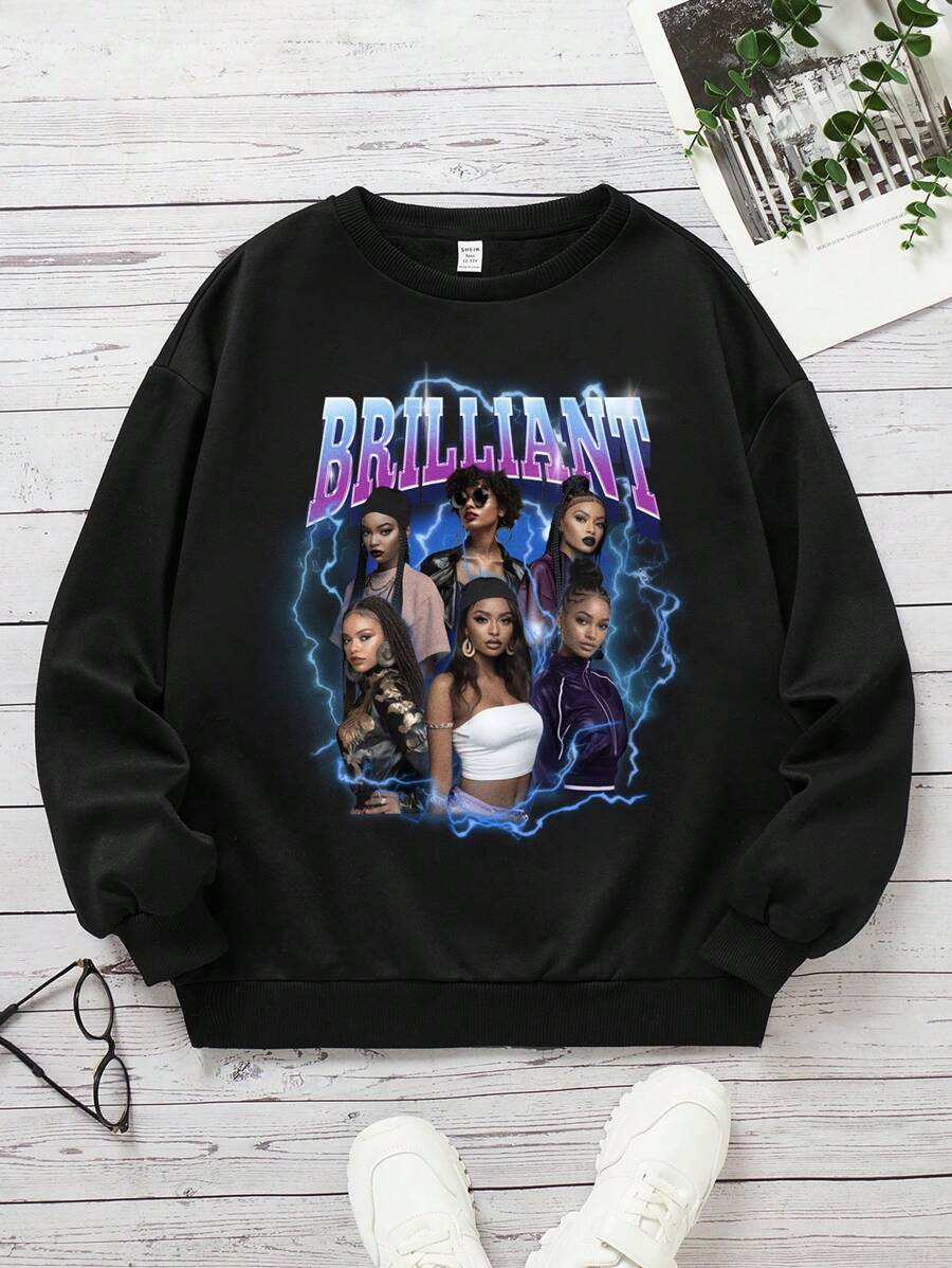 Teen Girls Casual Portrait Graphic Crew Neck Long Sleeve Sweatshirt, Suitable For Autumn/Winter - Black - View 1