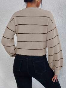 Chiquease Striped Pattern Drop Shoulder Sweater,Long Sleeve Tops Knit Pullover Fall Winter Outfit
