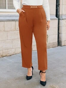 SHEIN Privé 大碼鏈條細節斜口袋長褲 - 鏽棕色 - 查看 3