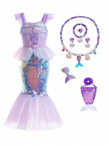 女大童8入組美人魚設計套裝洋裝&美人魚尾巴和耳飾和項鏈