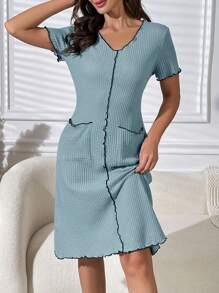 Color-block Lettuce Trimmed Plaid Print Homewear Dress - Blue - View 4