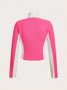 SHEIN EZwear 字母刺繡雙色拉鏈開襟短夾克 - 玫紅色 - 查看 2