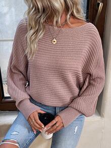 SHEIN Frenchy 女式純色船領下落肩毛衣 - 藕粉色 - 查看 5