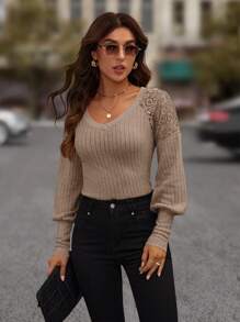 SHEIN LUNE Contrast Lace Lantern Sleeve Ribbed Knit Tee - Apricot - View 4