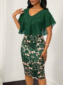 SHEIN Lady Váy cưới họa tiết chắp vá màu sắc thanh lịch, vừa vặn cho khách dự tiệc cưới, mùa hè - màu xanh lá - Xem 3