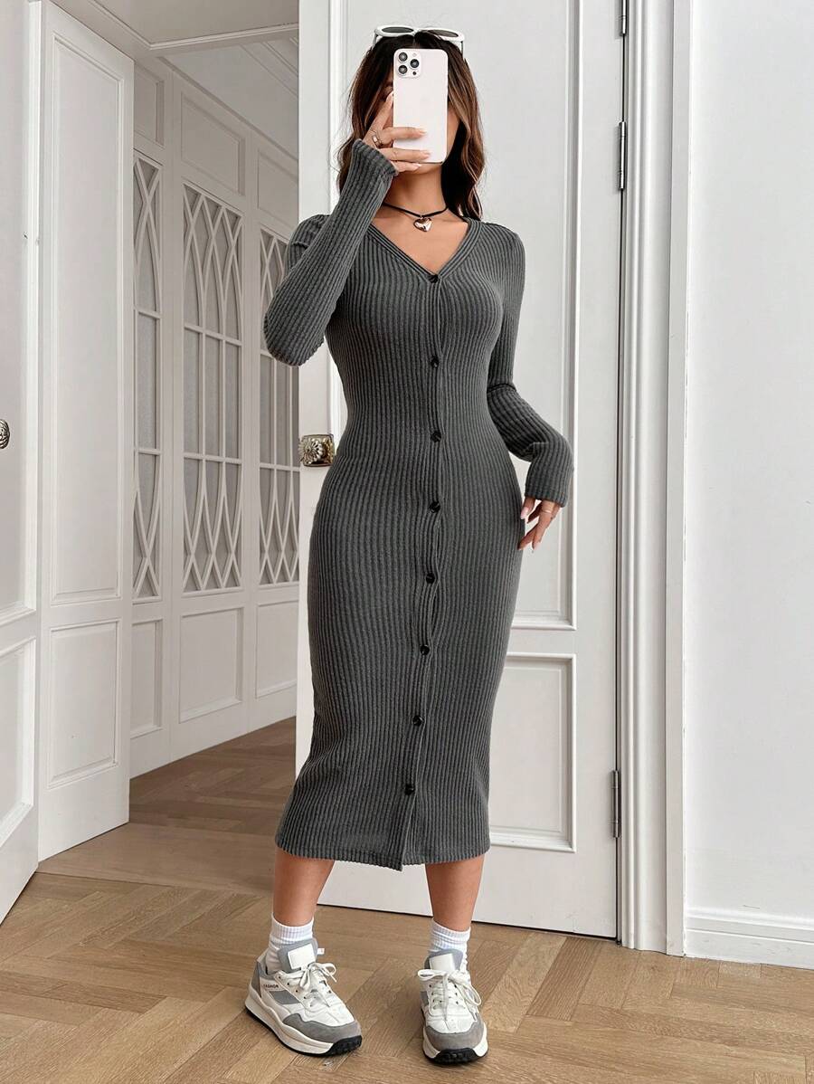 SHEIN EZwear Màu xám Dệt kim Của phụ nữ Tay áo dài Đầm - Xám - Xem 1