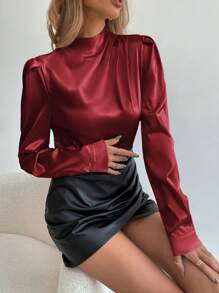 EMERY ROSE Mock Neck Puff Sleeve Satin Blouse - Burgundy - View 4