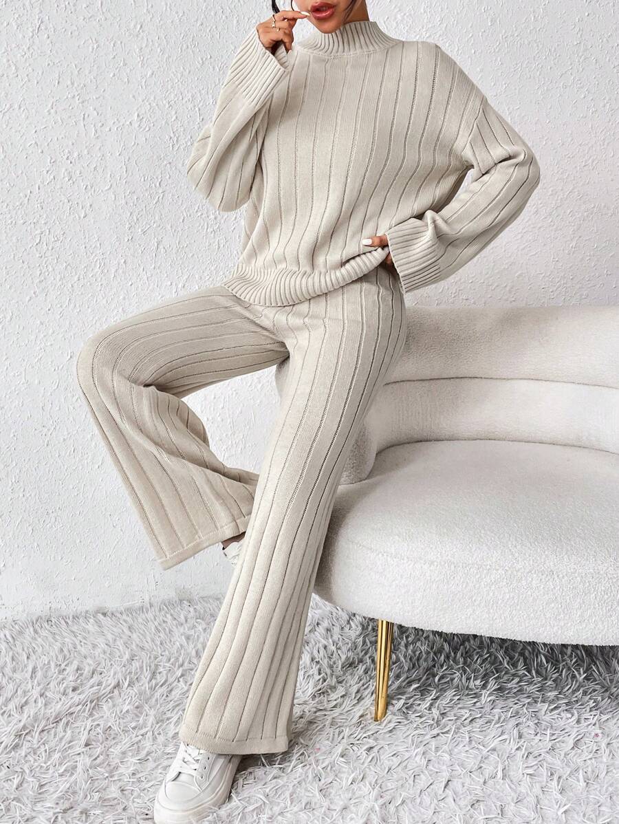 SHEIN Essnce Cổ giả Thả vai Áo len & Quần dệt kim - Màu be - Xem 1