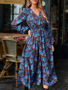 SHEIN Frenchy Của phụ nữ Tay áo lồng đèn Hoa In Đầm - Nhiều màu - Xem 7