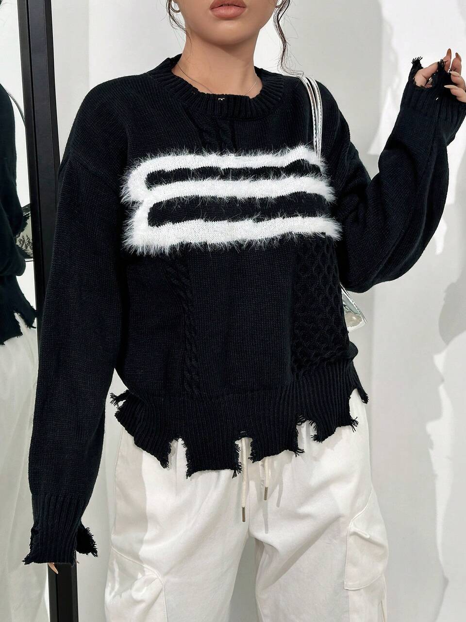 Fuzzy Trim Drop Shoulder Cable Knit Pullover Fall Winter Sweater