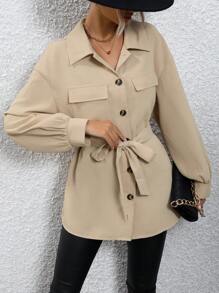 SHEIN LUNE Flap Pocket Drop Shoulder Belted Coat - Khaki - View 5
