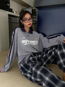 DAZY 字母图案撞色侧缝插肩袖高领套头衫，秋季服装运动衫 - 灰色 - 查看 6