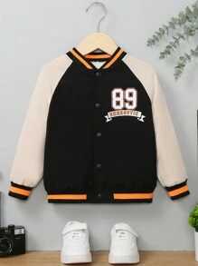 SHEIN Young Boy Letter Graphic Raglan Sleeve Striped Trim Colorblock Varsity Jacket - Black - View 1
