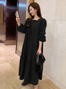 DAZY Solid Square Neck Ruffle Hem Smock Dress
