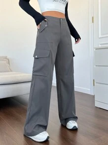 SHEIN EZwear 女裝側翻口袋工裝褲 - 深灰色 - 查看 1