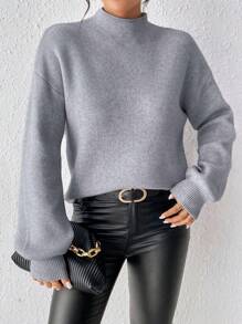 SHEIN Essnce 小高領落肩袖套頭毛衣 - 灰色 - 查看 1