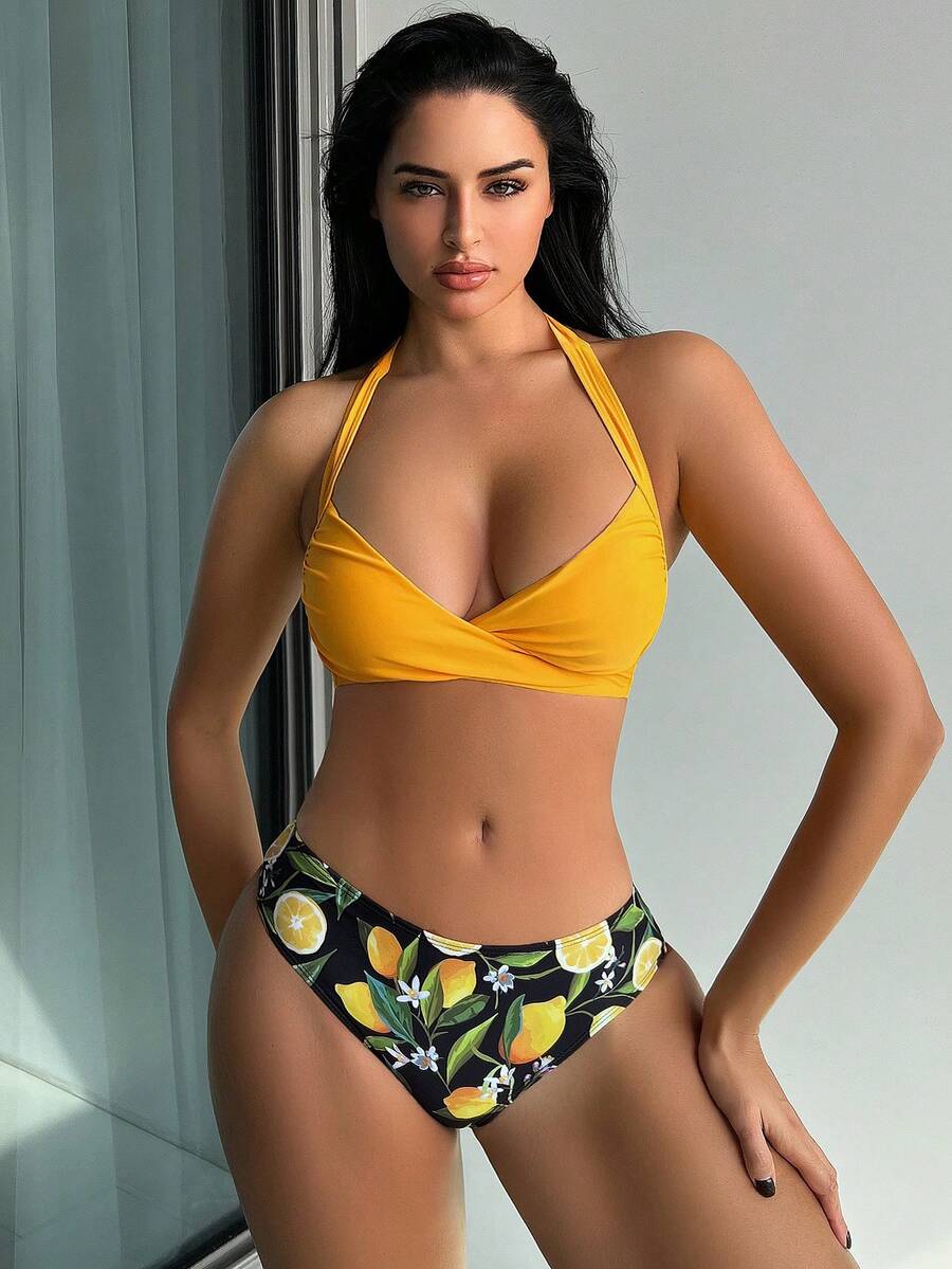 SHEIN Swim Conjunto de bikini de mujer estampado para vacaciones de verano - Multicolor - Ver 1