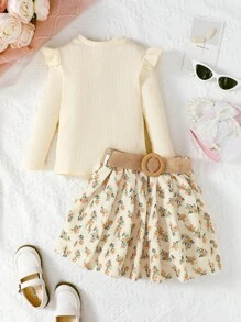 SHEIN 幼兒女孩長袖肋紋底衫和花卉印花裙子2入組 - 杏色 - 查看 1
