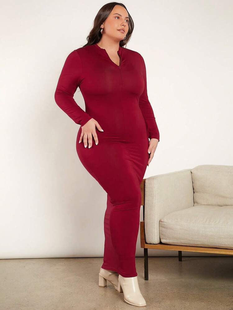 Plus Zip Up Bodycon Dress Without Belt