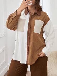 SHEIN Essnce Plus Colorblock Drop Shoulder Pocket Patched Corduroy Coat