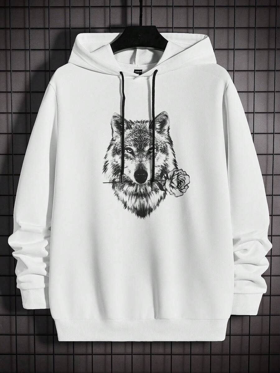 GENTILAND Nam In sói áo có mũ Giải trí Thời trang Áo nỉ - trắng - Xem 1