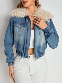 SHEIN Privé Fuzzy Collar Flap Pocket Denim Jacket - Dark Wash - View 6