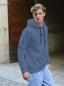 RueChic Men Letter Embroidery Drawstring Hoodie - Baby Blue - View 5