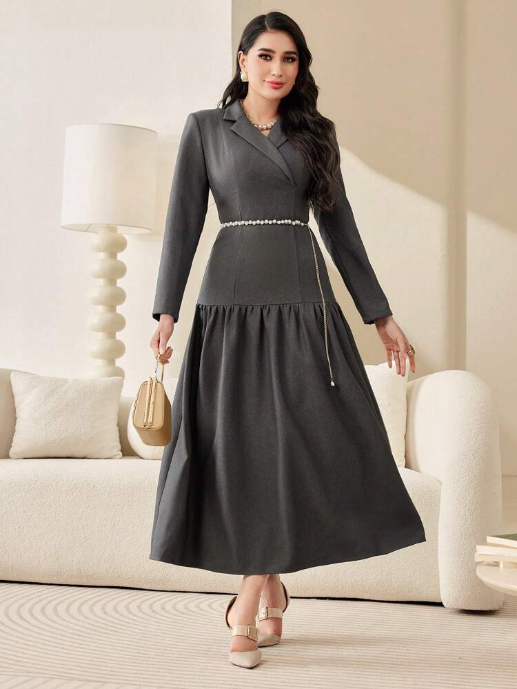Suit Collar Ruffle Hem Dress Long Evening Dresses