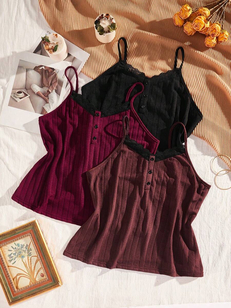 Plus 3pcs Contrast Lace Cami Top - Multicolor - View 1