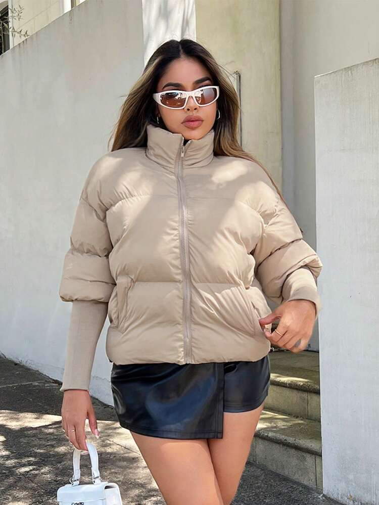 School Jacket With Sewn-On Sleeves, Long Spiral Design Padded Coat
