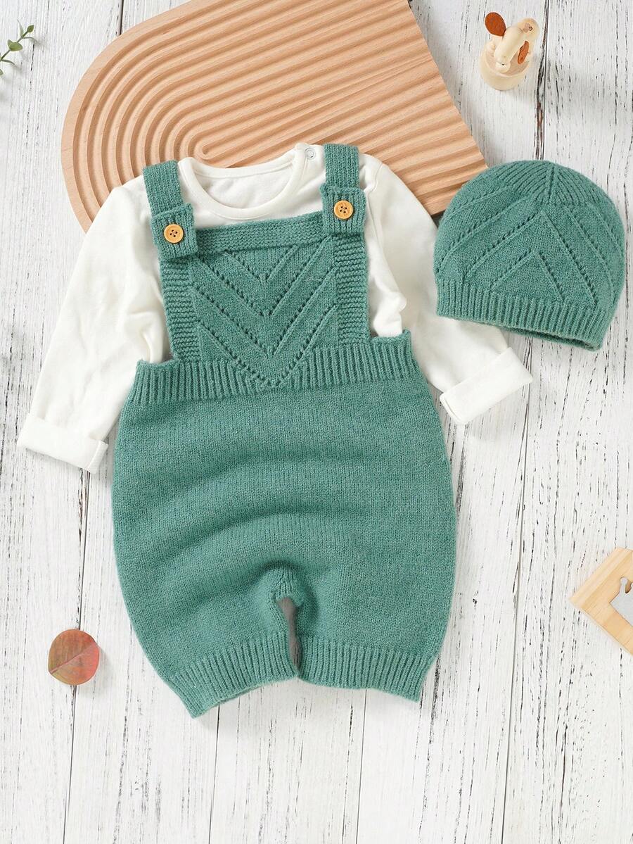 男嬰純色毛衣連身褲和帽子(不含 T 卹) - 綠色 - 查看 1