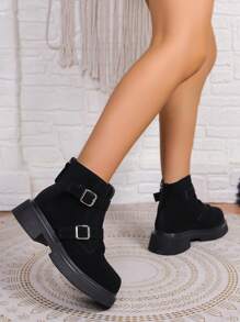 女士粗跟雙扣帶踝靴,時尚英倫風格,多功能設計,黑色 - 黑色 - 查看 2