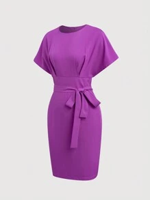 SHEIN LUNE Solid Batwing Sleeve Belted Dress - Purple - View 3