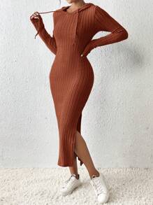 SHEIN Frenchy Quý cô Màu thuần Đầm có mũ Với Cao Bên Khe Và Dây rút - Rỉ Nâu - Xem 1