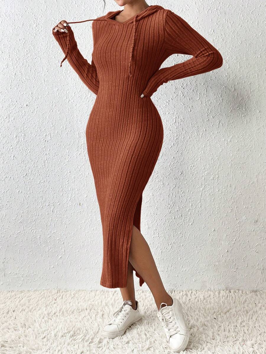 SHEIN Frenchy Quý cô Màu thuần Đầm có mũ Với Cao Bên Khe Và Dây rút - Rỉ Nâu - Xem 1