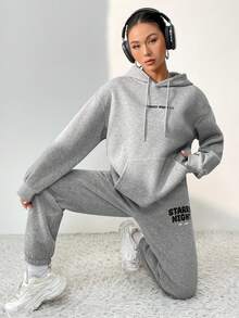 SHEIN Unity 字母圖案落肩袖連帽衫和運動褲 - 灰色 - 查看 4