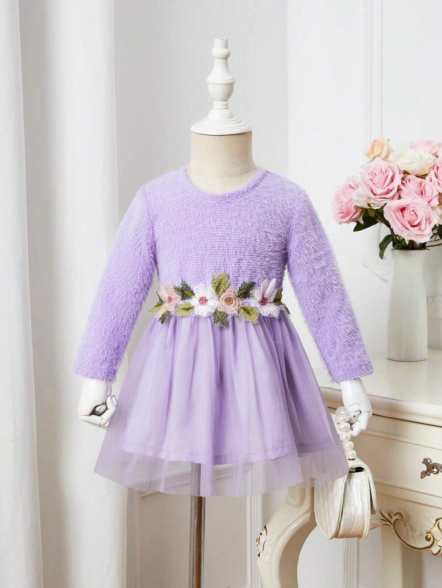 Baby Girl Floral Appliques Mesh Overlay Fuzzy Dress