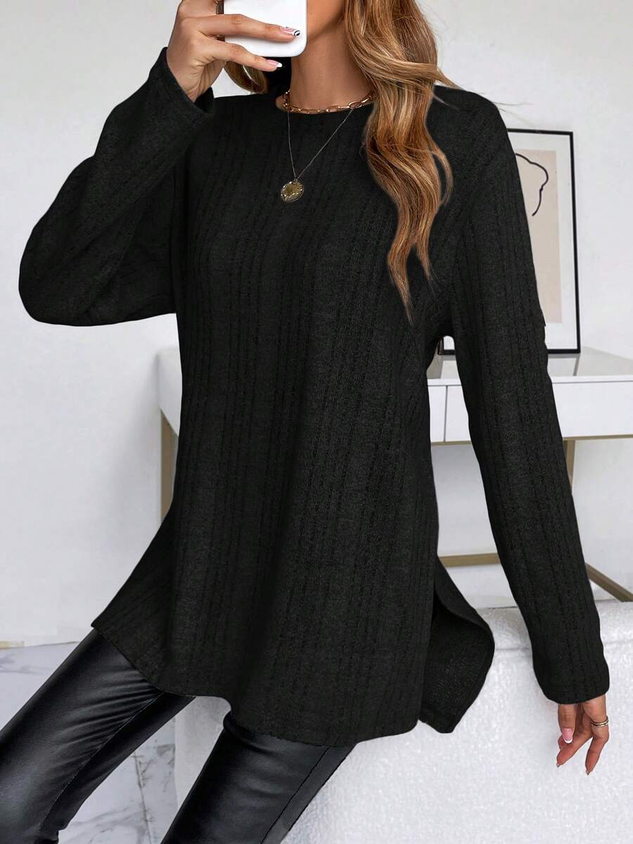 SHEIN Frenchy 素色下擺開叉T恤 - 黑色 - 查看 1