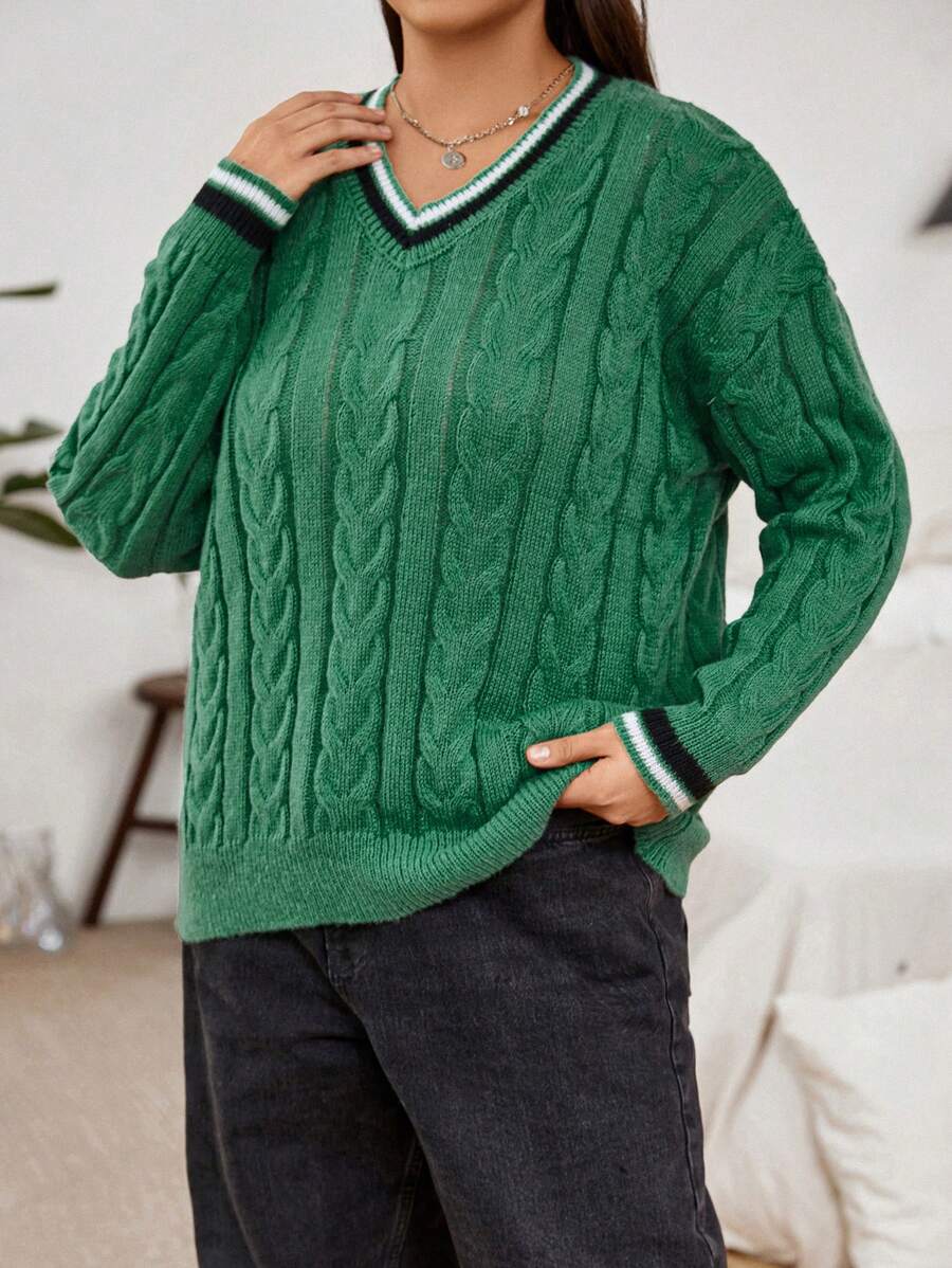 Flirla Plus Striped Trim Cable Knit Drop Shoulder Cricket Sweater - Army Green - View 1