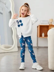 SHEIN 年輕女孩蝴蝶結前落肩保暖運動衫和卡通圖案緊身褲 - 藍白色 - 查看 1