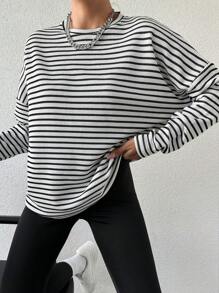 SHEIN 女用條紋圓領上衣 - 黑與白 - 查看 6