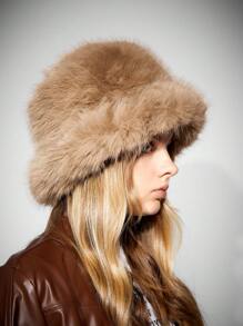 SHEIN ICON 毛絨桶帽，適用於日常休閒穿著 - 棕色 - 查看 5