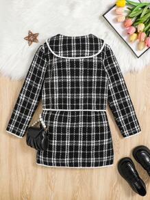 Tween Girl Contrast Binding Plaid Tweed Jacket & Skirt Without Sweater - Black and White - View 2