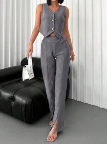 EURMUSE Button Front Vest Jacket & Split Hem Pants - Grey - View 3