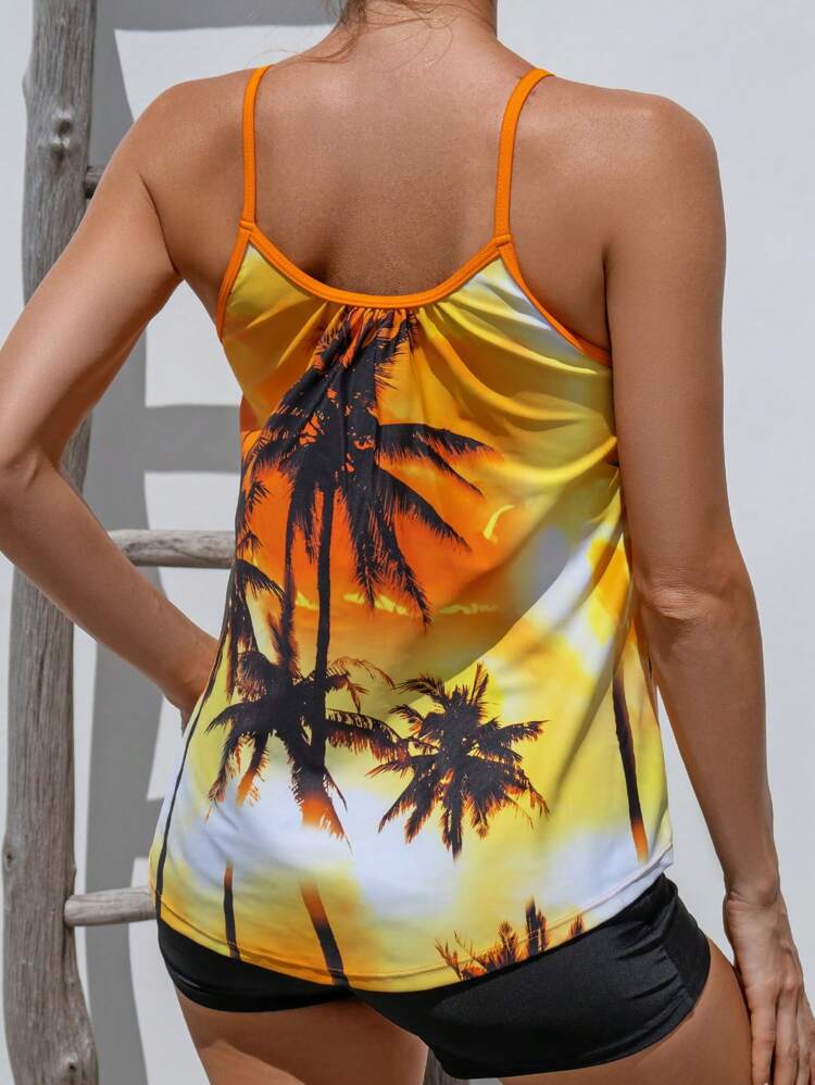Summer Palm Tree Print Tie Front Tankini