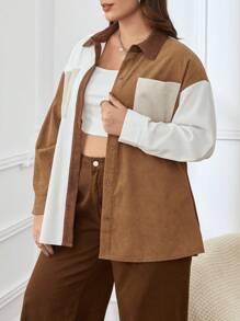 SHEIN Essnce Plus Colorblock Drop Shoulder Pocket Patched Corduroy Coat