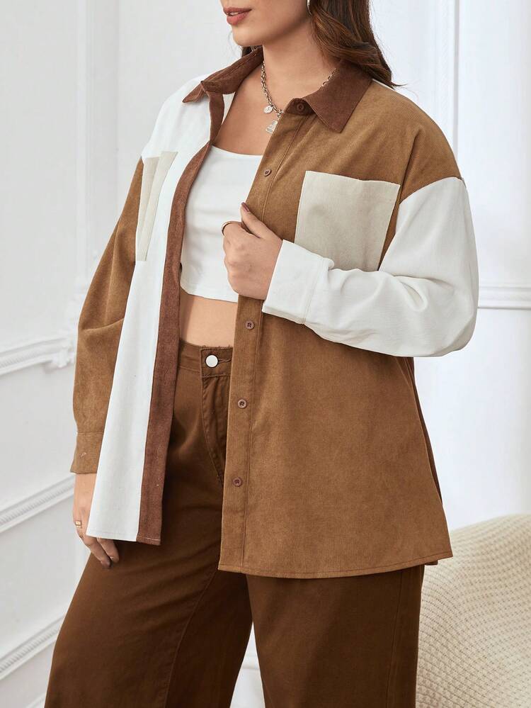 Plus Colorblock Drop Shoulder Pocket Patched Corduroy Coat