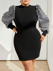 SHEIN Privé 大尺碼女款燈籠袖千鳥格洋裝(無腰帶) - 黑色 - 查看 3