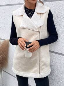 SHEIN LUNE Patchwork Plush Fabric Zipper-up Sleeveless Vest Jacket - Apricot - View 4
