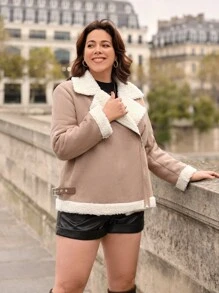 SHEIN Frenchy Plus Teddy Lined Open Front Coat - Brown - View 2